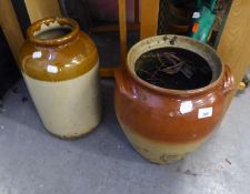 A BROWN WARE FLAGON AND A SIMILAR VASE   (2)