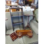 A MAHOGANY SMALL THREE TIER OPEN BOOKCASE, 1?3? WIDE AND A GEORGIAN STYLE MAHOGANY CIRCULAR TRIPOD