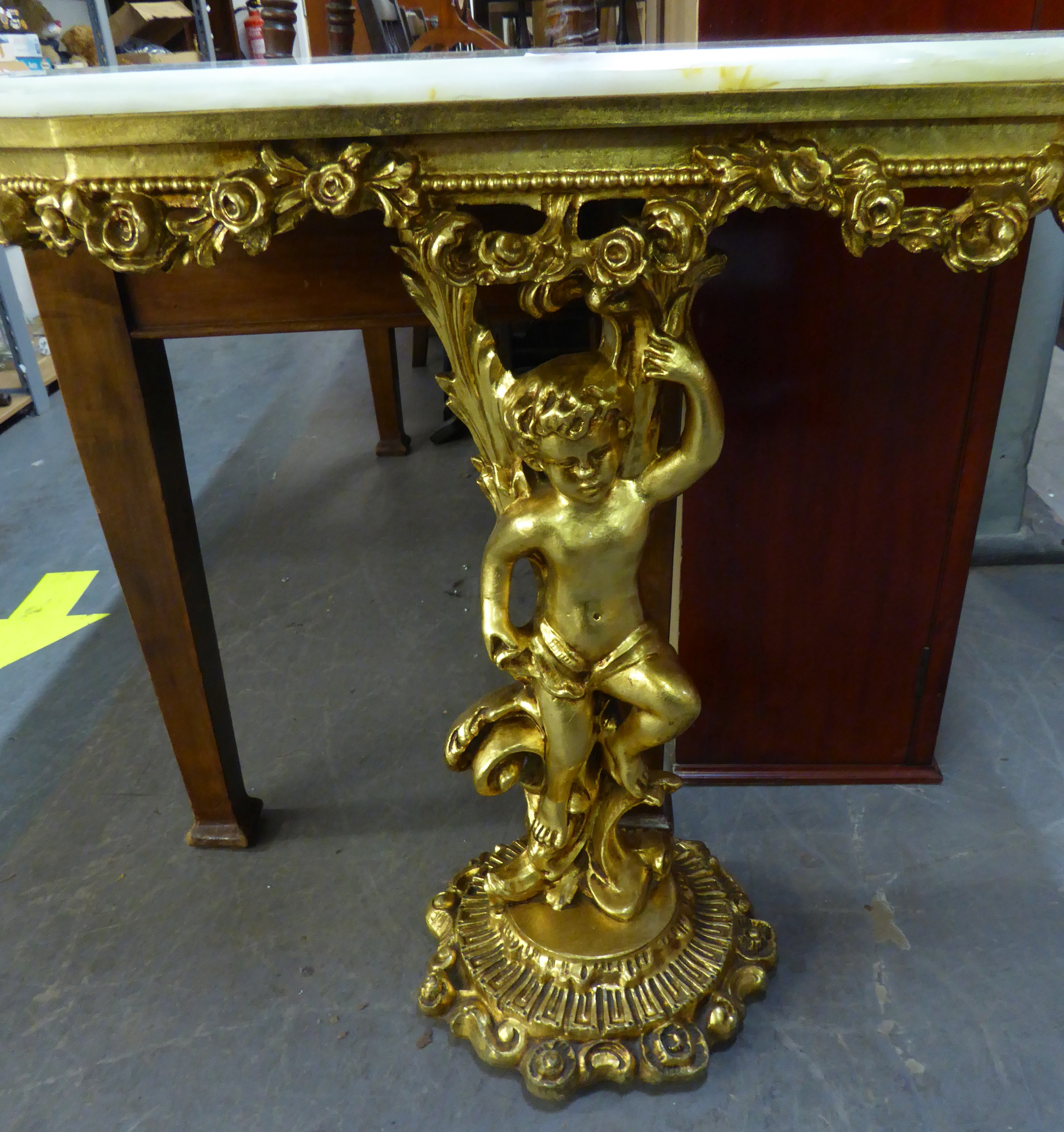 A GILT-WOOD CONSOLE TABLE, WITH ONYX TOP, CHERUB COLUMN ON CIRCULAR BASE, 2'8" WIDE - Image 2 of 2