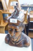 THAI CARVED TEAK WOOD BUST OF A MAN WEARING A TRADITIONAL THAI HAT, 12? HIGH