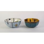 CARLTON WARE BLUE LUSTRE GLAZED POTTERY FRUIT BOWL, of typical form, the exterior printed with