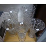 A LARGE GOOD QUALITY CUT GLASS VASE (CHIP TO BASE), ANOTHER LARGE CUT GLASS VASE (A.F.) AND THREE