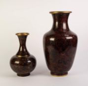 TWO MODERN CHINESE CLOISONNÉ VASES IN MATCHING DESIGNS, one of ovoid form with waisted neck, the