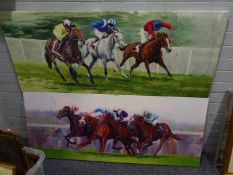 AFTER ROGER HEATON TWO COLOUR PRINTS ON BOX CANVAS Horse racing 20? x 48?, both with water