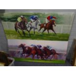 AFTER ROGER HEATON TWO COLOUR PRINTS ON BOX CANVAS Horse racing 20? x 48?, both with water