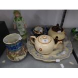 A SMALL SELECTION OF CHINAWARE INCLUDING; A NINETEENTH CENTURY PERSIAN FAYENCE COVERED JUG (HANDLE