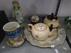 A SMALL SELECTION OF CHINAWARE INCLUDING; A NINETEENTH CENTURY PERSIAN FAYENCE COVERED JUG (HANDLE