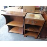 A MAHOGANY TELEPHONE TABLE, WITH DRAWER OVER TWO OPEN SHELVES AND A WOODEN  THREE  TIER OPEN
