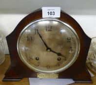 MID 20TH CENTURY OAK MANTLE CLOCK, WITH 8 DAYS STRIKING MOVEMENT, BY GARRARD (WITH OVERHAUL BILL