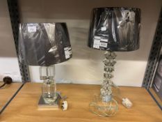 GOOD QUALITY DESIGNED TABLE LAMP, HAVING PERSPEX COLUMN WITH BLACK SHADE AND ANOTHER OF SIMILAR