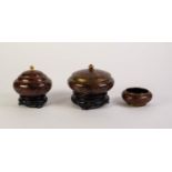TWO MODERN CHINESE CLOISONNÉ BOWLS WITH COVERS, each decorated in dark tones with a profusion of