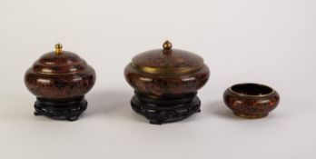 TWO MODERN CHINESE CLOISONNÉ BOWLS WITH COVERS, each decorated in dark tones with a profusion of