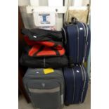 AN IRONING BOARD (NEW), PLATFORM STEPS, 3 SUITCASES AND VARIOUS HAND LUGGAGE