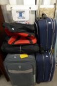 AN IRONING BOARD (NEW), PLATFORM STEPS, 3 SUITCASES AND VARIOUS HAND LUGGAGE