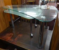 ART DECO STYLE TWO TIER COFFEE TABLE, with plain glass cone shaped top, the swing out lower tier