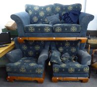 CHINESE LOUNGE SUITE OF THREE PIECES, COVERED IN BLUE AND CUT PATTERN VELVET HAVING MAHOGANY SHOW-