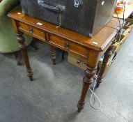 A LATE VICTORIAN MEDIUM OAK OBLONG WRITING OR SIDE TABLE, WITH TWO SHORT FRIEZE DRAWERS, ON FOUR