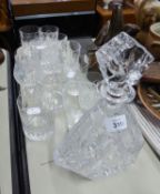 GOOD QUALITY SHAPED CUT GLASS DECANTER AND STOPPER, TWO REDEL CUT GLASS WHISKEY TUMBLERS, 8 OTHER