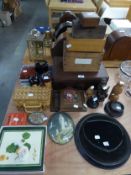 VARIOUS NINETEENTH CENTURY AND LATER BOXES, EBONIZED WOOD AND PLUSH LINED BASE FOR GLASS DOME AND