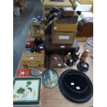 VARIOUS NINETEENTH CENTURY AND LATER BOXES, EBONIZED WOOD AND PLUSH LINED BASE FOR GLASS DOME AND