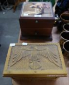A MAHOGANY JEWELLERY BOX WITH LIFT-UP TOP AND DRAWER BELOW AND A CONTINENTAL WOODEN BOX WITH EAGLE
