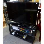 E-MOTION 40? FLAT SCREEN TELEVISION WITH FULL HD 1080 FREEVIEW, ETC. AND THE BLACK GLASS THREE