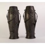 PAIR OF JUVENTA ?PRIMA METAL? PATINATED ART NOUVEAU VASES, each of slender ovoid form applied in