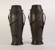 PAIR OF JUVENTA ?PRIMA METAL? PATINATED ART NOUVEAU VASES, each of slender ovoid form applied in