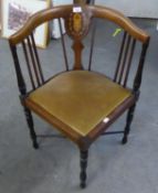 EDWARDIAN INLAID MAHOGANY CORNER CHAIR, with portrait inlay to the back and old golde plush