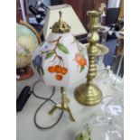 A VERY LARGE BRASS CANDLESTICK, 18 ½? HIGH AND A BRASS ELECTRIC TABLE LAMP WITH TRIPOD BASE AND