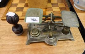 A POSTAL BALANCE SCALE, ON METAL OBLONG BASE, AND A DESK SEAL, LETTER ?B?, WITH WOODEN HANDLE
