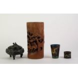 MIXED LOT OF ORIENTAL WARES, comprising: PATINATED BRONZE KORO AND COVER, cast with dragons and