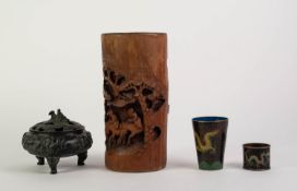 MIXED LOT OF ORIENTAL WARES, comprising: PATINATED BRONZE KORO AND COVER, cast with dragons and