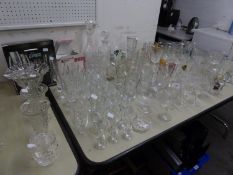 A SET OF COLOURED GLASS RUMMERS; CUT GLASS GOBLETS;  MISCELLANEOUS DRINKING GLASSES AND TWO CUT