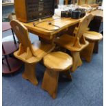 A RUSTIC STYLE PINE OBLONG KITCHEN TABLE, ON TRESTLE END SUPPORTS; THE MATCHING SET OF FOUR