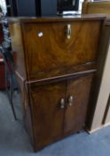 BURR WALNUTWOOD ART DECO STYLE COCKTAIL CABINET HAVING MIRRORED INTERIOR SECTION