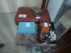 A QUANTITY OF COSTUME JEWELLERY, IN A BOX; A BOX OF EARRINGS AND A FABRIC COVERED TRINKET BOX