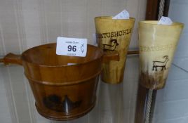 A SWAGGER STICK, A MAUCHLINE WARE PAIL 'BURNS' AND A PAIR OF HORN BEAKERS (4)