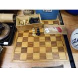 STAUNTON BOX WOOD CHESS SET, IN SLIDE TOP BOX AND A CHESS BOARD