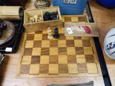 STAUNTON BOX WOOD CHESS SET, IN SLIDE TOP BOX AND A CHESS BOARD