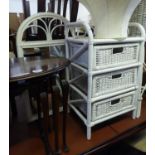 A WHITE PAINTED LOOM THREE DRAWER CHEST WITH THREE QUARTER GALLERY TOP, 1?6? WIDE AND THE MATCHING
