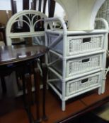 A WHITE PAINTED LOOM THREE DRAWER CHEST WITH THREE QUARTER GALLERY TOP, 1?6? WIDE AND THE MATCHING