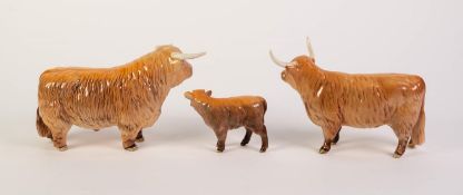 BESWICK POTTERY FAMILY OF LONGHORN HIGHLAND CATTLE, comprising: BULL (2008), COW (1740) and CALF (