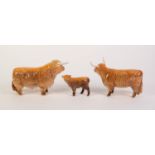 BESWICK POTTERY FAMILY OF LONGHORN HIGHLAND CATTLE, comprising: BULL (2008), COW (1740) and CALF (