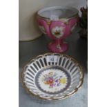CONTINENTAL CHINA PINK GROUND PEDESTAL BOWL AND CHINA BOWL, WITH PIERCED SIDES
