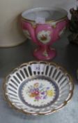 CONTINENTAL CHINA PINK GROUND PEDESTAL BOWL AND CHINA BOWL, WITH PIERCED SIDES