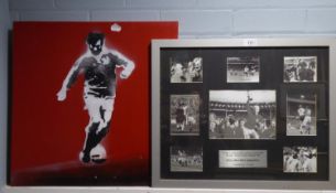 A 'STENCILISED' SPRAY PAINTED PICTURE ON CANVAS OF GEORGE BEST AND FRAME OF PHOTOGRAPH'S OF
