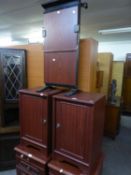 A PAIR OF MAHOGANY EFFECT MODERN BEDSIDE CUPBOARDS AND A ?STRIDES? ELECTRIC VALET STAND (3)