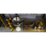 A PAIR OF BRASS CANDLESTICKS, A REPRODUCTION CHESTNUT ROASTER, SCALES ETC....