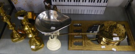 A PAIR OF BRASS CANDLESTICKS, A REPRODUCTION CHESTNUT ROASTER, SCALES ETC....